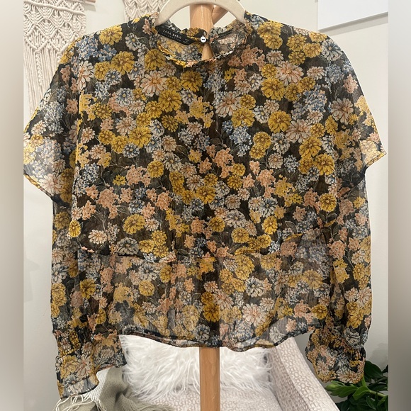 Zara Basic Sheer Floral Ruffle Blouse Size S Mustard Boho - Picture 2 of 6
